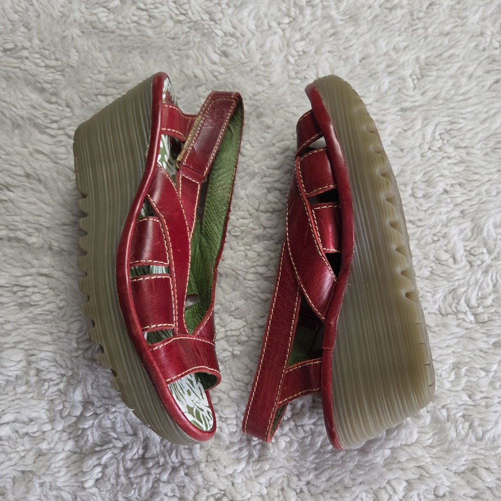 Fly London Strappy Wedge Sandals Red Women's 37 Leather Comfort - Picture 2 of 8